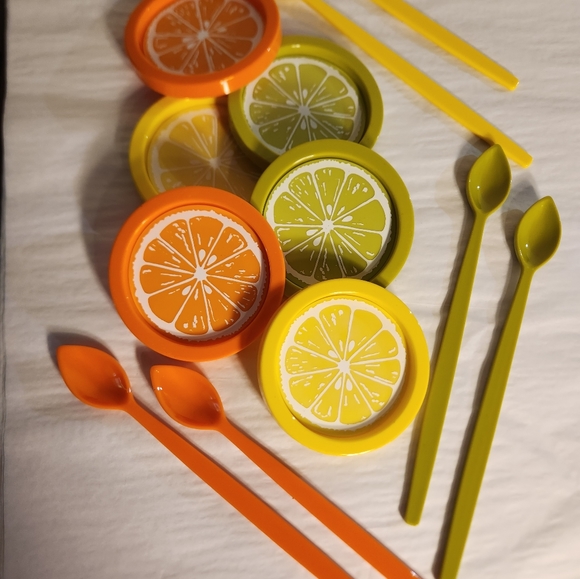 Retro 1969 Fruit and Frappe Summer Coasters and Stirrers Gift Set Made in USA - Picture 7 of 9